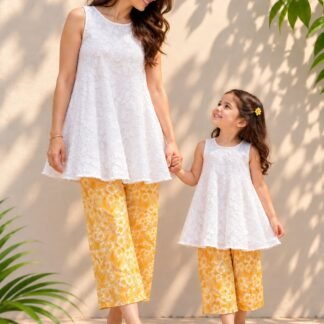 Mother and daughter in matching white and yellow floral twinning outfits