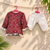 Meher Cotton Kurta Set — maroon ajrakh block-print kurta with pom-pom trim and white pants
