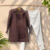Chocolate-brown collared cotton kurta with white pajama on wooden hangers
