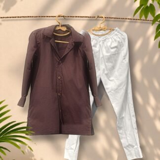 Chocolate-brown collared cotton kurta with white pajama on wooden hangers