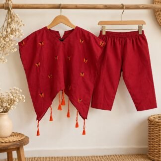 Red cotton kaftan kurta with hand-embroidered butterflies and orange tassels, with matching red pants